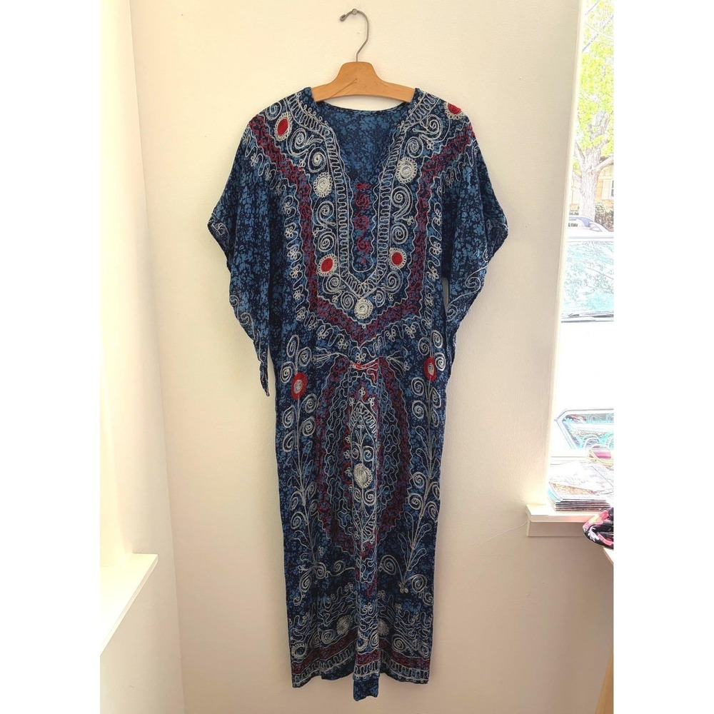Vintage 60s 70s Blue Cotton Boho Kaftan Maxi Dress S M Hippie Embroidered - Picture 3 of 5